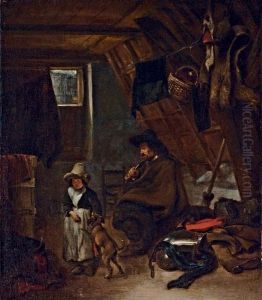 An officer smoking a pipe and a young girl with a dog in an attic room by Gerard Ter Borch