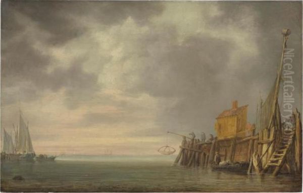 Kai mit Anglern, links Segelschiffe im Hafen - view 1