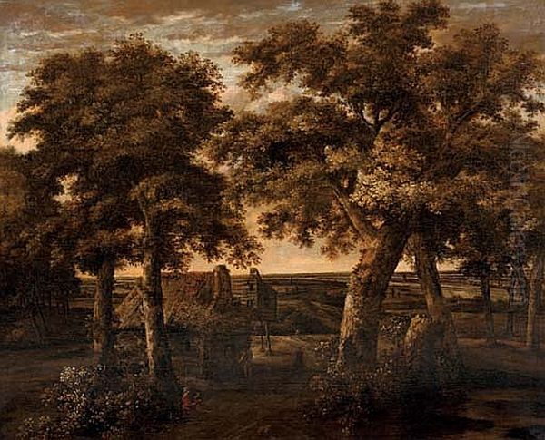 Landscape with a cottage surrounded by trees - view 1