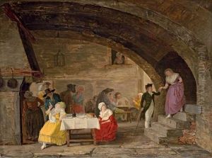 Interior of an Inn with elegant figures eating and artisans playing cards in the background by Leonard Defrance