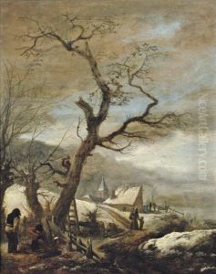 Winter landscape with woodcutters and travellers on a path to a village by Philips Wouwerman