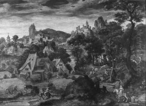 Hirschjagd, Landschaft mit Bauernhof Hirschjagd, Landschaft mit Bauernhof