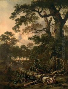 Landschaft mit gefalltem Baum und Disteln