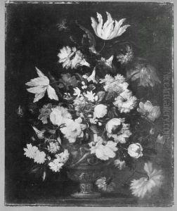 Blumenstrauss mit Tulpen, Nelken und Rosen in einer Vase