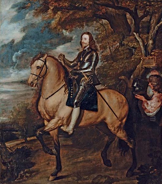 Equestrian portrait of King Charles I, full-length, in armour on a dun horse, a baton in his right hand, wearing the Order of the Garter, followed by an equerry carrying his helmet - view 1