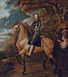 Equestrian portrait of King Charles I, full-length, in armour on a dun horse, a baton in his right hand, wearing the Order of the Garter, followed by an equerry carrying his helmet by Sir Anthony Van Dyck