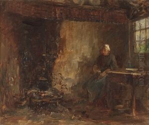 Interieur met boerenvrouw by Henricus Johannes Melis