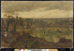 Landschap met dorp en velden by Charles Dankmeijer
