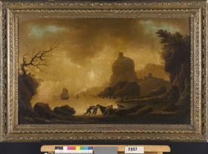 Rotskust met zeelui die een boot aan wal duwen by Joseph Vernet