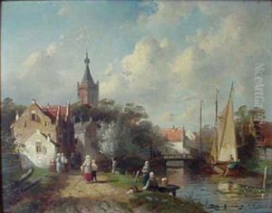 Gezicht op een dorp aan een kanaal by Charles Henri Leickert