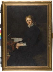 Portret van een vrouw, zittend aan een tafel met papieren. by Therese Schwartze