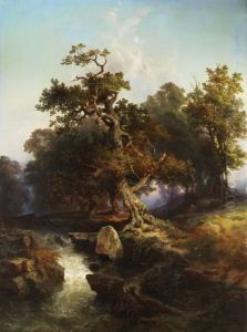 Landschaft Mit Alten Eichenbaumen An Einem Bachlauf Landschaft Mit Alten Eichenbaumen An Einem Bachlauf