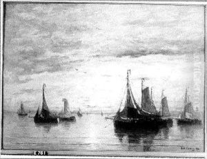 Vissersschepen op een rustige zee bij zonsondergang by Hendrik Willem Mesdag