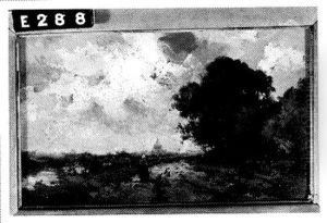 Landschap met landweg, sloot en donkere lucht