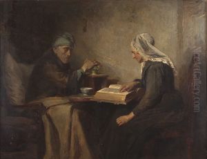 Interieur met oude man en een vrouw die de bijbel leest