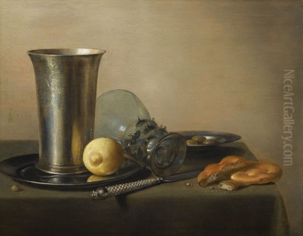 Still life with a silver chalice, lemon, bread, and berkemeyer - view 1