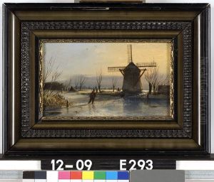 Wintertafereel met windmolen en schaatser by Charles Henri Leickert