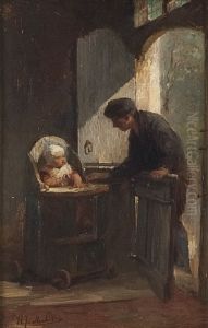 Interieur met man en een kind in een kinderstoel by Henricus Johannes Melis