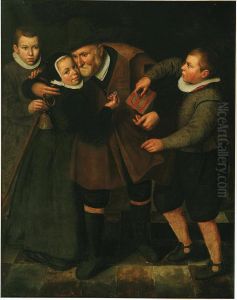 Oude man met armbus en kinderen Oude man met armbus en kinderen