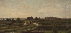 Rivierlandschap met boerderijen by Henricus Johannes Melis