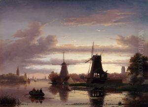 Windmolens aan een waterweg bij maanlicht by Charles Henri Leickert