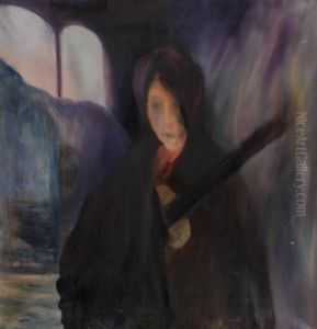 Figuur in cape met muziekinstr.?(levensfakkel?) Figuur in cape met muziekinstr.?(levensfakkel?)