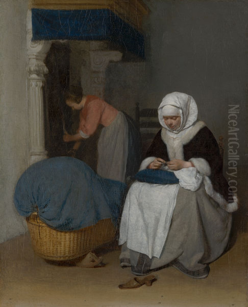 Woman Sewing beside a Cradle - view 1