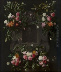 Floral cartouche around a bust of King Stadholder William III Floral cartouche around a bust of King Stadholder William III