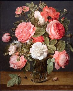 Bouquet de roses dans un vase en verre by Jacob van Hulsdonck