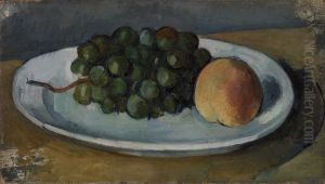 Grappe de raisin et peche sur une assiette by Paul Cezanne