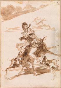 Dogs Chasing a Cat on a Man on a Donkey by Francisco Goya Fuendetodos
