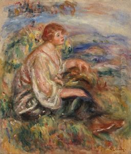 Woman in Tulle Blouse and Black Skirt (Femme en blouse de tulle et en jupe noire dans un paysage) by Pierre Auguste Renoir