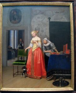 Young woman with a maid and a lap dog in an interior Young woman with a maid and a lap dog in an interior