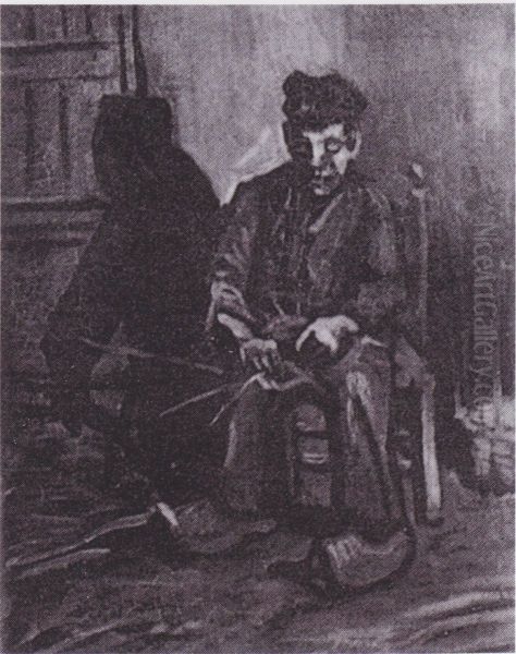 Sitting Peasant weaving basket - view 1