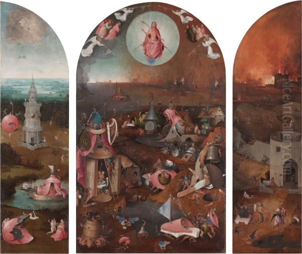 Celestial paradise (recto left), The last judgement (middle), Hell (recto right); The crowning with thorns (verso, in grisaille) - view 1
