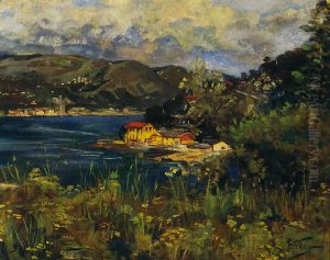 Bay landscape with Italian cities by Girolamo P. Nerli