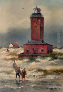 Oude vuurtoren met garnaalvisser