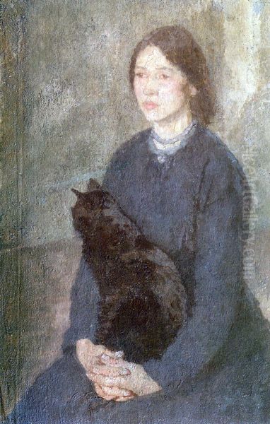 Young Woman Holding a Black Cat - view 1