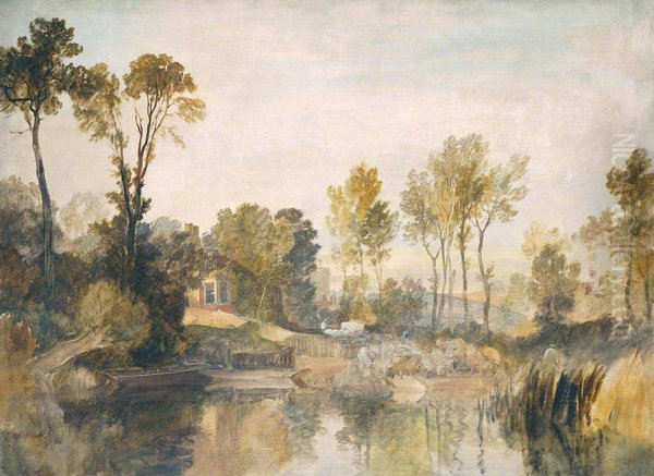 House beside the River, with Trees and Sheep - view 1