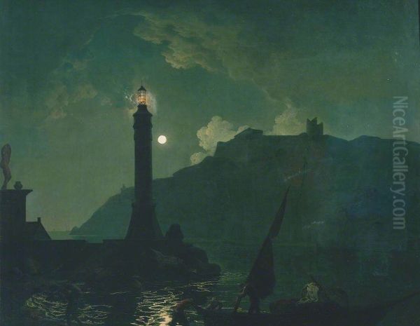 A Moonlight with a Lighthouse, Coast of Tuscany - view 1