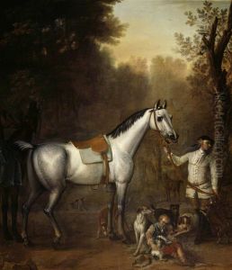 A Groom holding a Saddled Grey Hunter with Hounds and Terriers by John Wootton