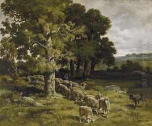 Schafherde Mit Hirt Und Hund by Charles Ferdinand Ceramano