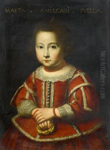 Portrait Of A Young Girl, Three-quarter-length, In A Gold Embroidered Red Dress, Holding A Pretzel by Carlo Ceresa