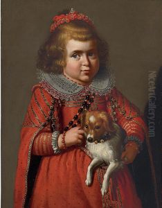 Portrait Of A Girl In A Red Dress Holding Her Dog by Carlo Ceresa