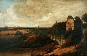 Landscape with moated castle.