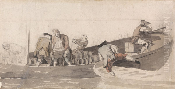 Men Loading a Boat with Barrels - view 1