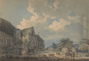 The Tithe Barn at Abbotsbury with the Abbey on the hill... by Thomas Girtin