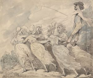 A Man Driving a Team of Six Girls by Thomas Rowlandson