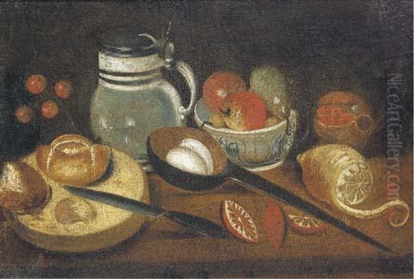 An Earthenware Tankard, A Partly-peeled Lemon, A Ladle With Eggs,apples And Pears In A Bowl, Bread And A Knife On A Table - view 1
