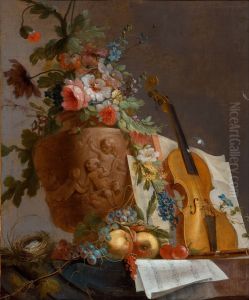 Still life with flowers and a violin